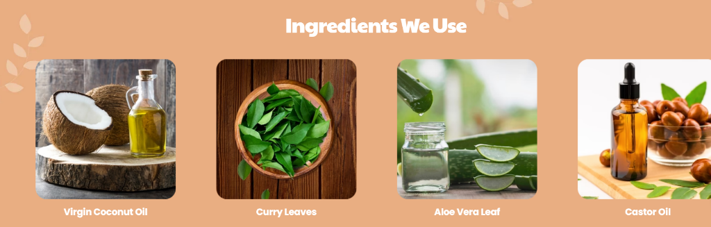 Ingredients We Use - Virgin Coconut Oil, Curry Leaves, Aloe Vera Leaf, Castor Oil